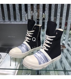 Rick Owens Drkshdw SS25 Envoltório de Alta Tênis Preto/Cinza claro Rugas/Leite/Jeans Overdyed