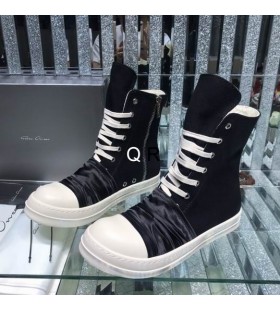 Rick Owens Drkshdw SS25 Wrap-Høye Joggesko I sort/Sort Rynker/Melk/Overdyed Denim