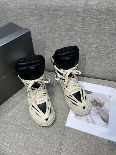 Czarne / Białe Trampki Rick Owens z Wysokiej Piszczelą ze skóry z Odwróconym Trójkątem