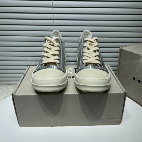 Rick Owens SS25 Hollywood Låga Sneakers I Silver/Mjölk/Milk Full Grain Kalv Läder