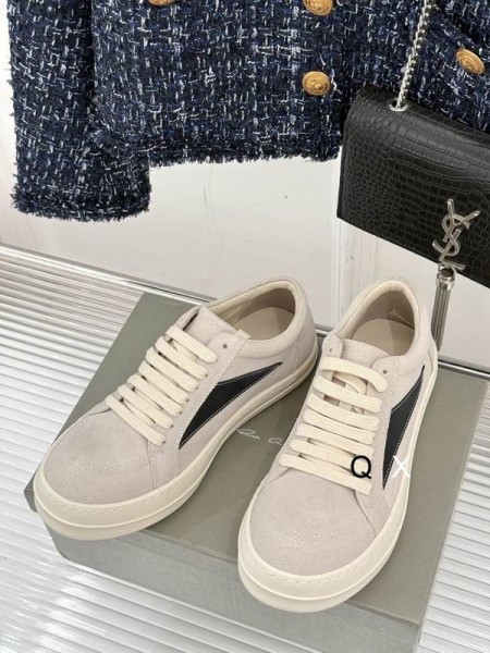 Rick Owens SS25 Hollywood Vintage Sneakers I Mjölk/Milk/Svart Velour Mocka Och Full Grain Kalv Läder