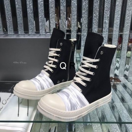 Drkshdw Rick Owens SS25 Envoltura de Alta Sneakers Negro/Blanco Arrugas/Leche/Overdyed del Dril de algodón