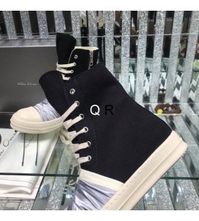 Rick Owens Drkshdw SS25 Zábal Vysoké Tenisky V Černé/Světle Šedé Vrásky/Mléko/Overdyed Denim