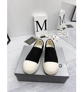 Rick Owens Drkshdw SS25 Hollywood Båd Sneakers I Sort/Mælk/Mælk Overdyed Folie Stretch Denim