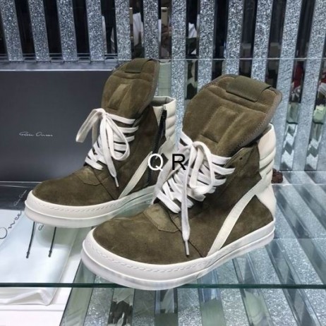 Rick Owens SS25 Hollywood Geobaskets Hoge Sneakers In Celadon/Melk Velours Suede En Leer Mousse