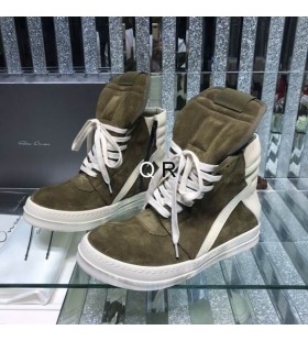 Rick Owens SS25 Hollywood Geobaskets High Sneakers In Celadon/Milch Velour Wildleder Und Leder-Mousse